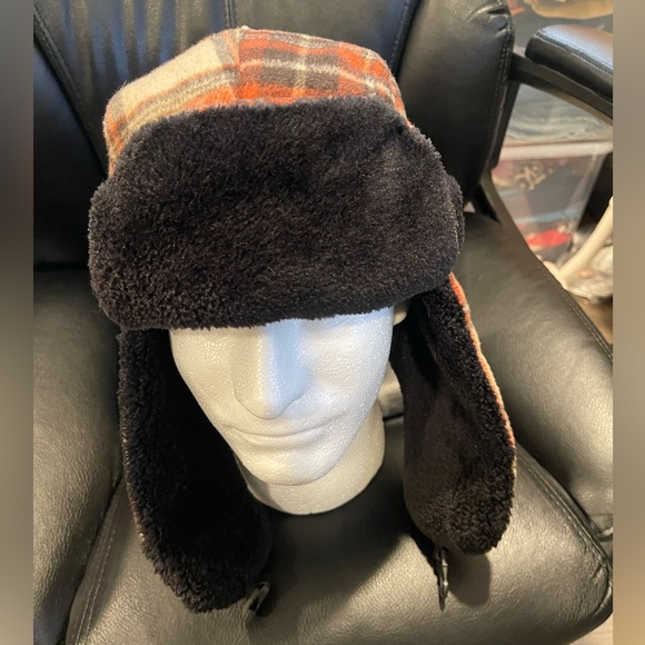 Fur Trap Hat One Size Orange Brown Plaid OS - Picture 6 of 6
